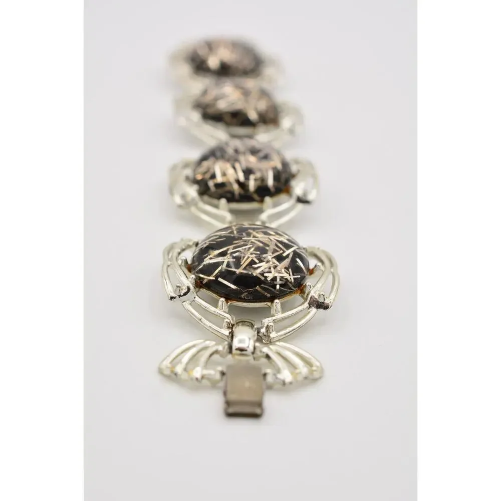 Tara Vintage Lucite Bracelet Chain Chunky Confetti Metallic Silver Signed Bin2